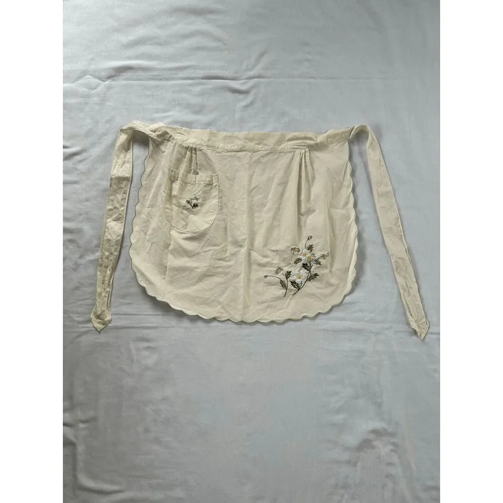 Handmade Kitchen Apron, Cream Colored, Embroidered, Pocket, Tie, Flowers,